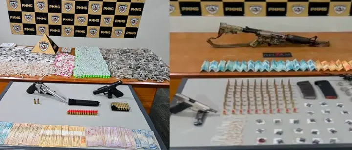 Segundo a PMMG, ação em Campo Belo apreendeu armas, munições, drogas, dinheiro, celulares e veículos.