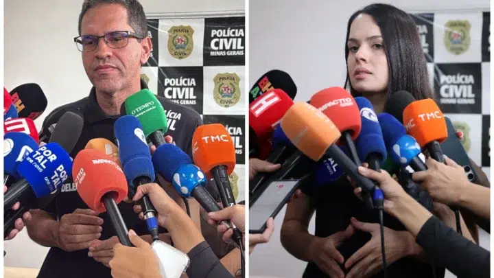Dois enquadramentos de uma coletiva de imprensa: um homem com óculos e camisa escura fala ao lado de vários microfones; uma mulher de cabelo longo fala diante de um conjunto de jornalistas e microfones.