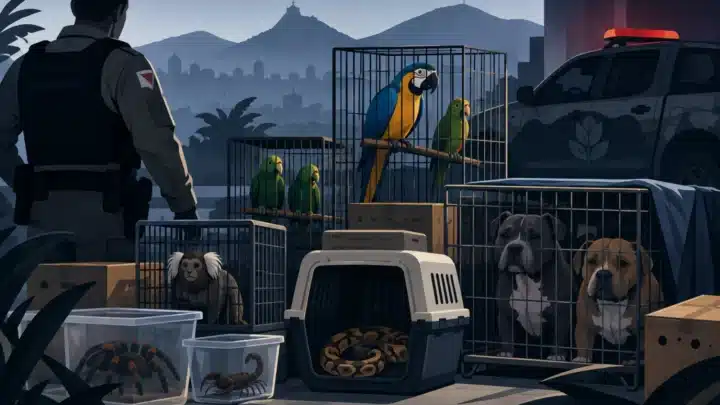 Ilustração editorial sobre PMMG apreende mais de 100 animais e prende duas pessoas.