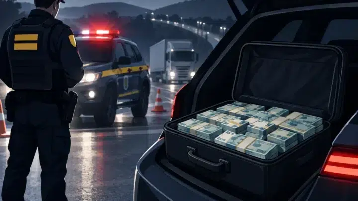 Ilustração editorial sobre PRF apreende mala com R$ 870 mil em Perdões na BR-381.